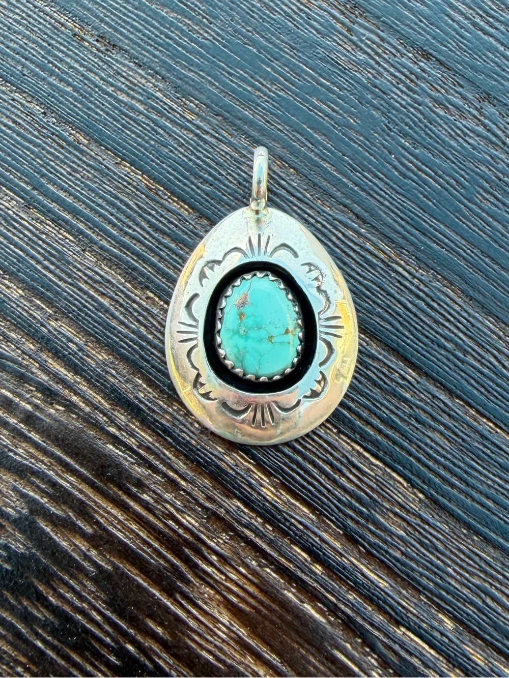 Sterling Silver and Turquoise Shadowbox Native American pendant. Signed.